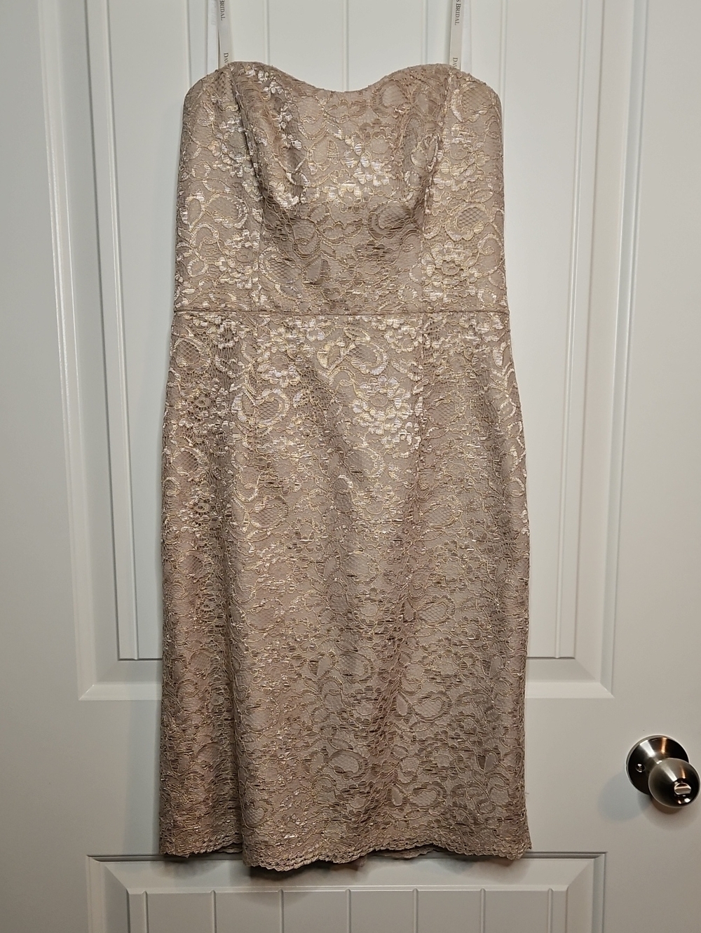 David's Bridal Strapless Lace Cocktail Dress in Champagne